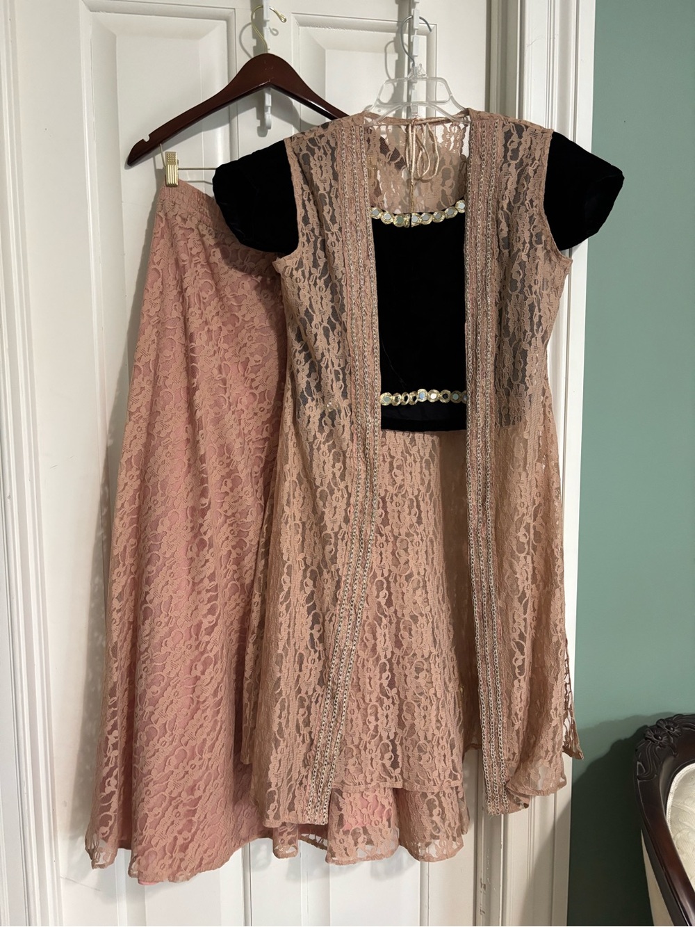 Women's Blush Pink Lace Skirt Set with Black Velvet Top and outer blush jacket L